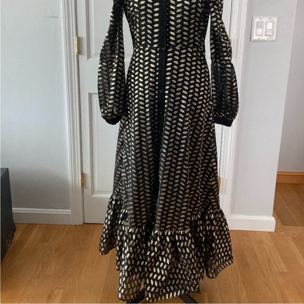 Zara Puff Long Lantern Sleeve Gold Leaf On Black Maxi Dress XS - Picture 10 of 16
